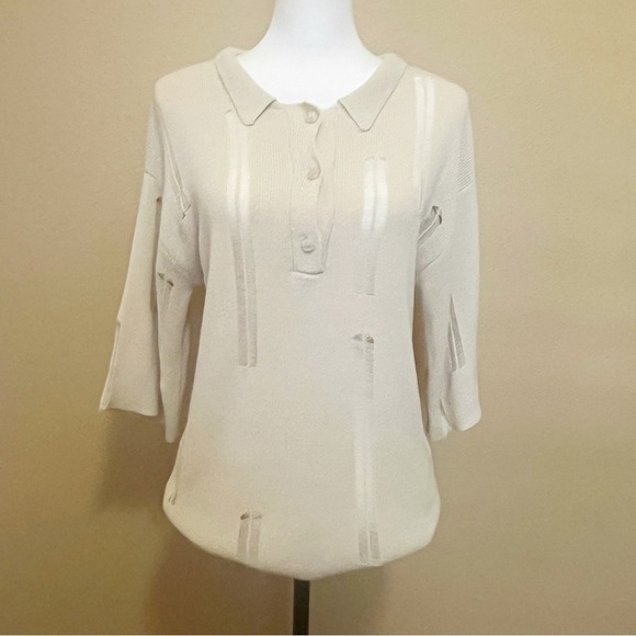 VRG GRL Distressed Oversized Relaxed Fit Knit Collared Polo Neutral Tan AU 6/ XS - Picture 1 of 11